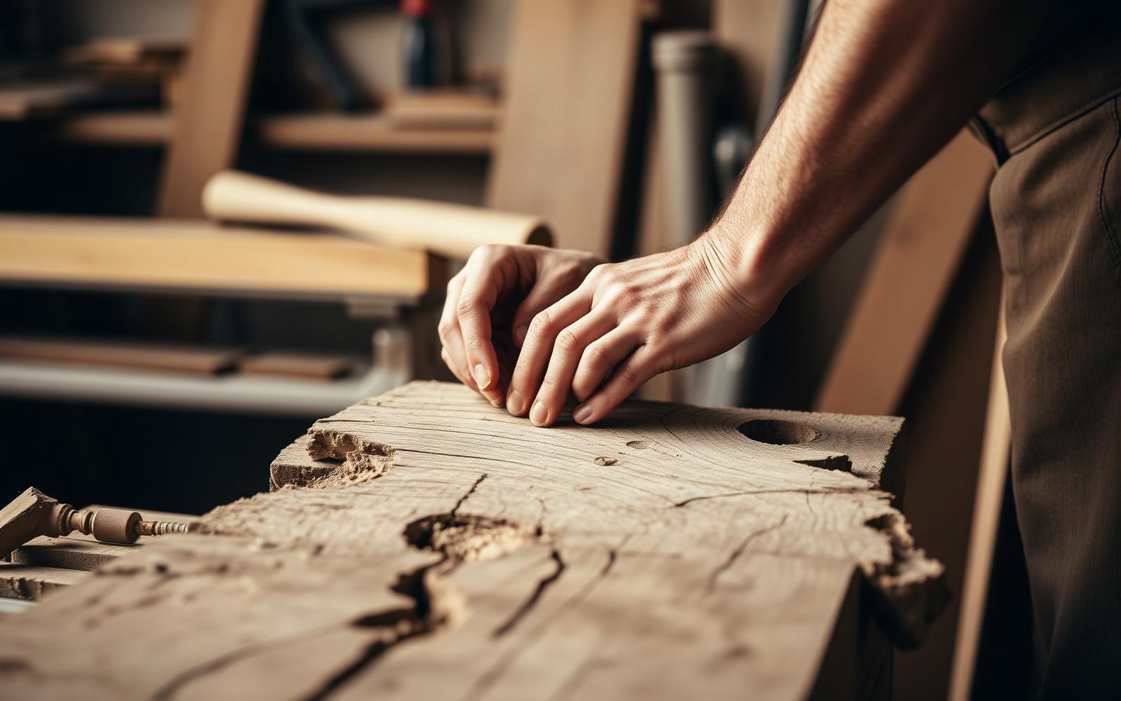 A craftsperson's hands working weathered wood in a quiet workshop.